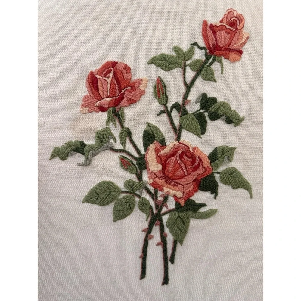 Vintage Framed‎ Rose Crewel Wall Art Retro Floral Hand-Stitched Art 15x19
